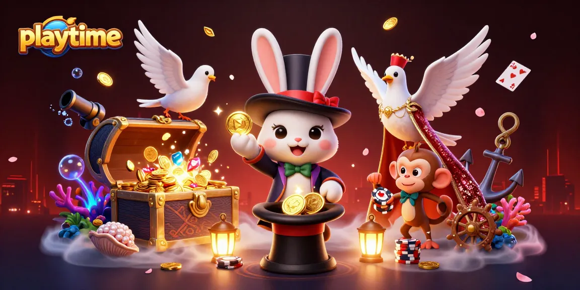 Playtime welcomes players with an exciting scene featuring a magician rabbit, dove, and monkey among casino elements.
