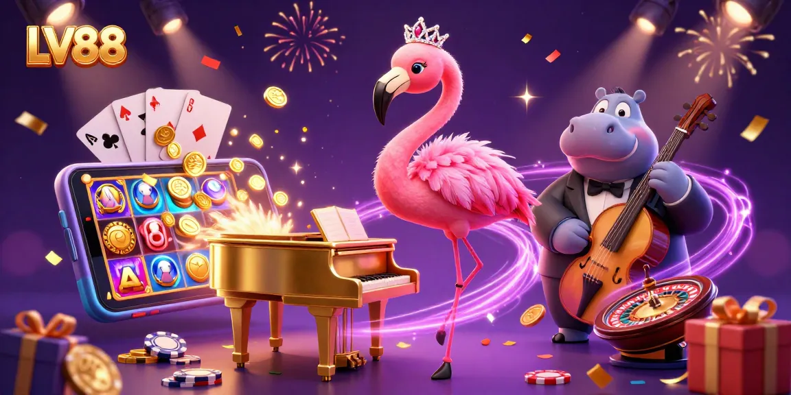 Watch LV88's vibrant casino action come alive with dynamic characters and games in this colorful scene.