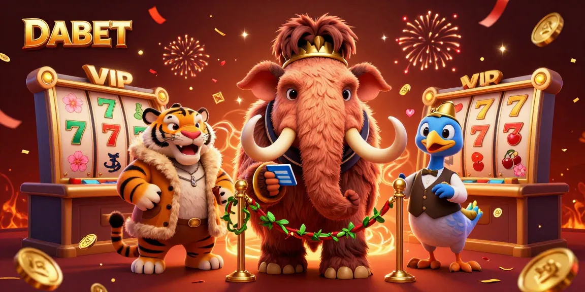 DABET showcases a dynamic casino scene with a woolly mammoth bouncer checking IDs while surrounded by vibrant slot reels and festive elements.