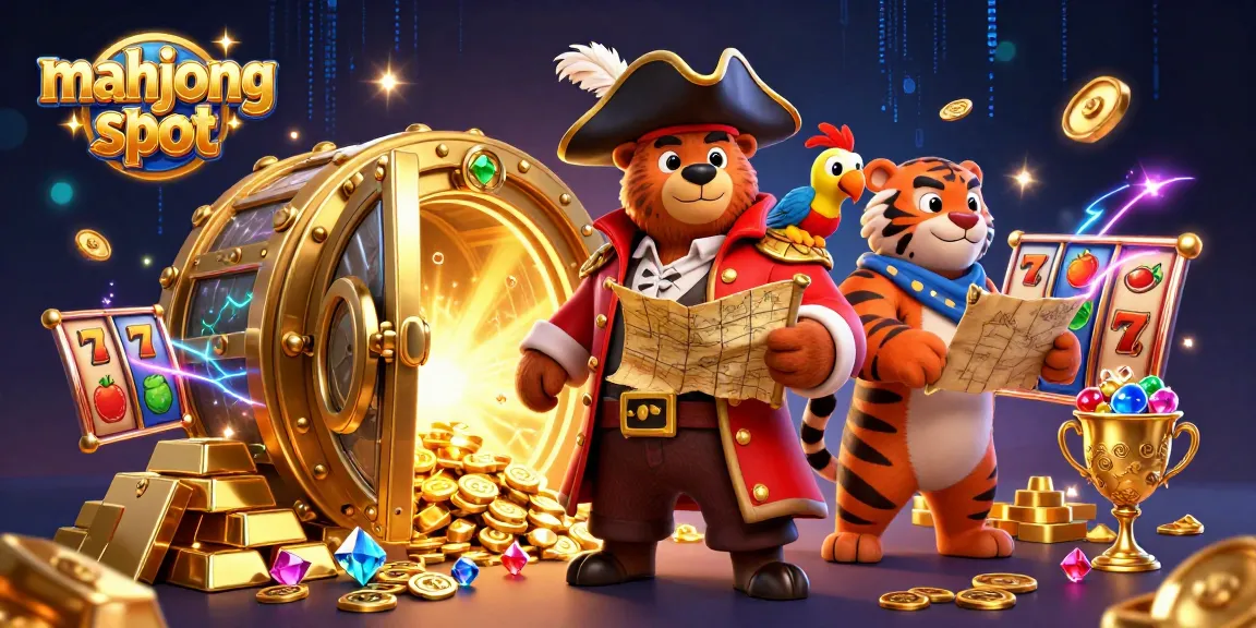 Experience the thrill of mahjong slot with a vibrant 3D illustration showcasing pirate characters and treasure.