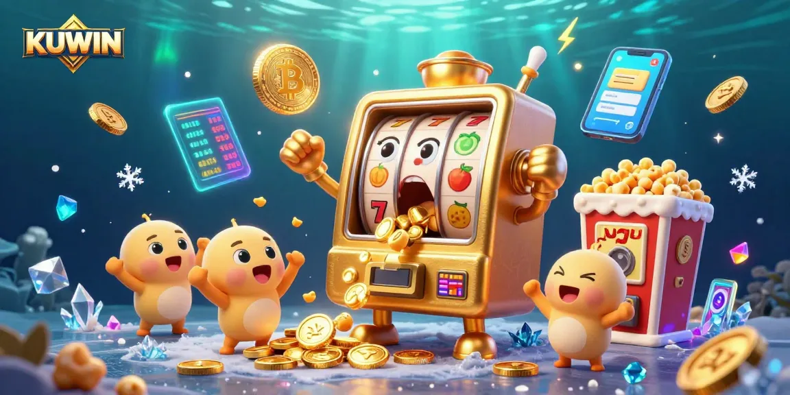 KUWIN slot machine hitting jackpot while coins pour out, surrounded by crypto elements and cheering companions.