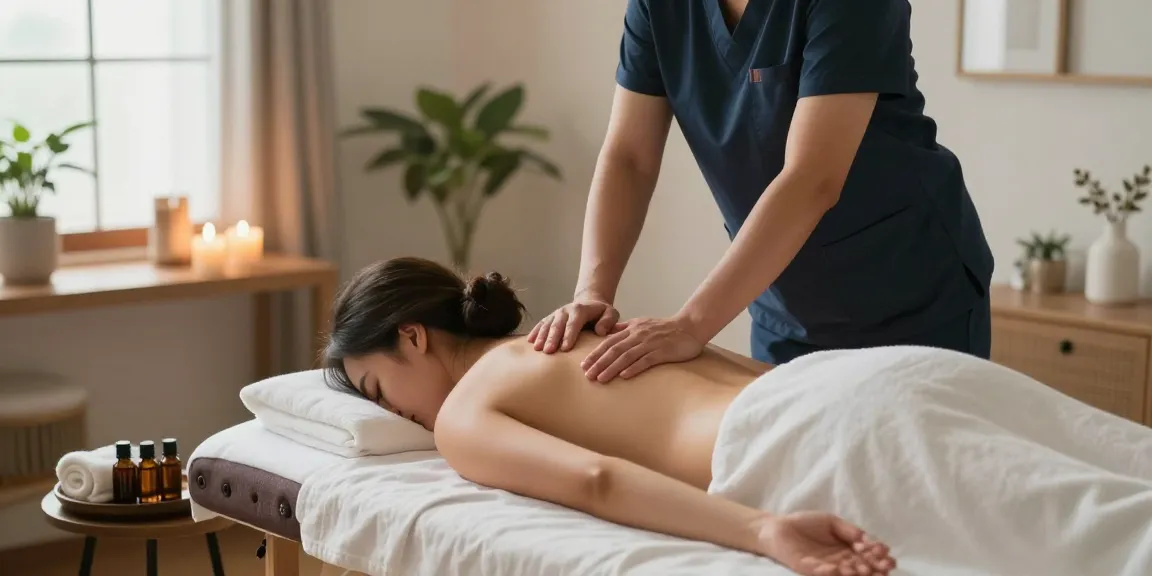 수원출장마사지 중인 전문 관리사와 편안한 고객, 아늑한 공간에서의 힐링 장면