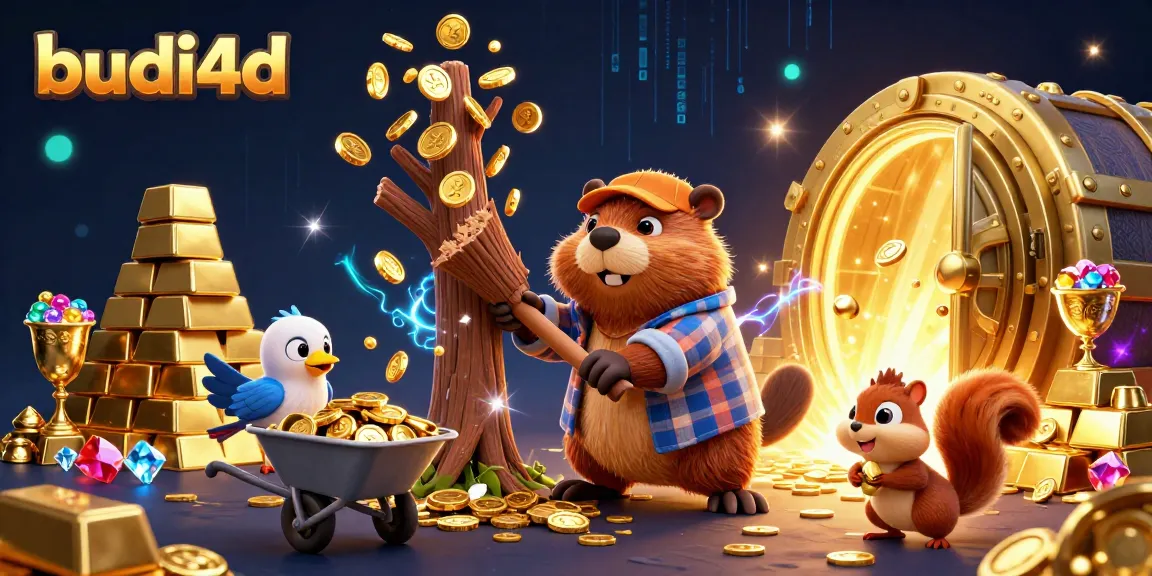 Experience exciting gameplay with budi4d as a beaver chops a coin-giving tree, creating an engaging casino scene.