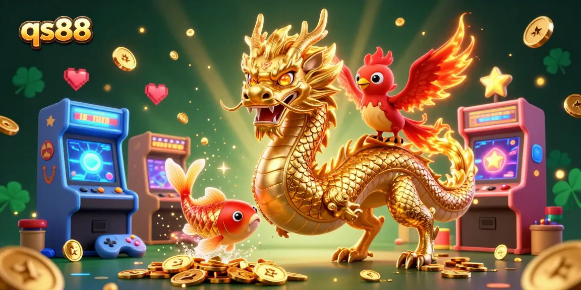 Experience the thrill of qs88 with a vibrant casino scene featuring a golden dragon, playful phoenix, and lucky koi fish.