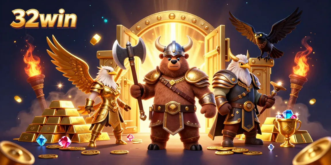 32win casino gaming illustration showcasing characters amidst treasures and vibrant casino elements