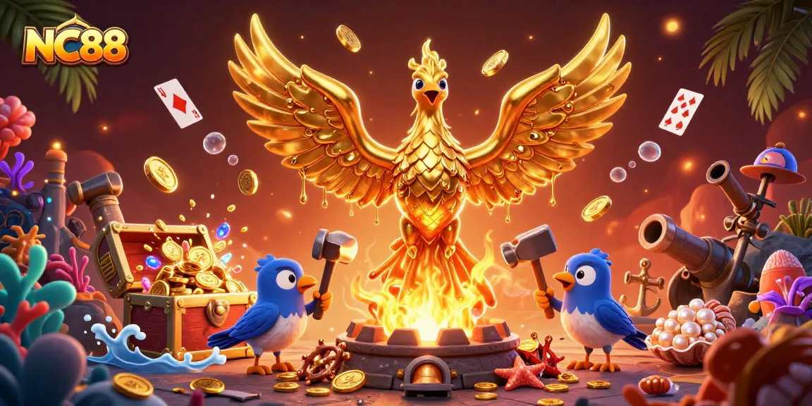 Experience NC88's thrilling gaming atmosphere with a molten phoenix amidst treasures and casino elements.