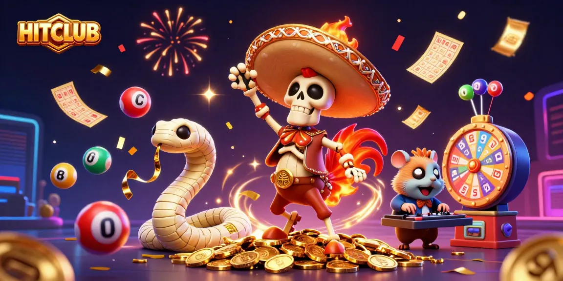 HITCLUB showcases a festive scene with characters celebrating a jackpot win amidst colorful gaming elements.