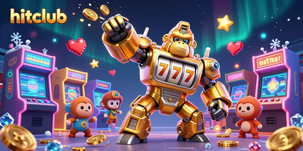 Experience winning moments at hitclub with a dynamic 3D illustration of a golden gorilla mech in an arcade setting.
