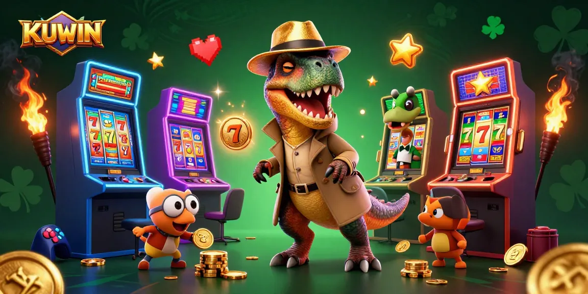 KUWIN velociraptor card counter sneaks chips at a lively slot machine scene.