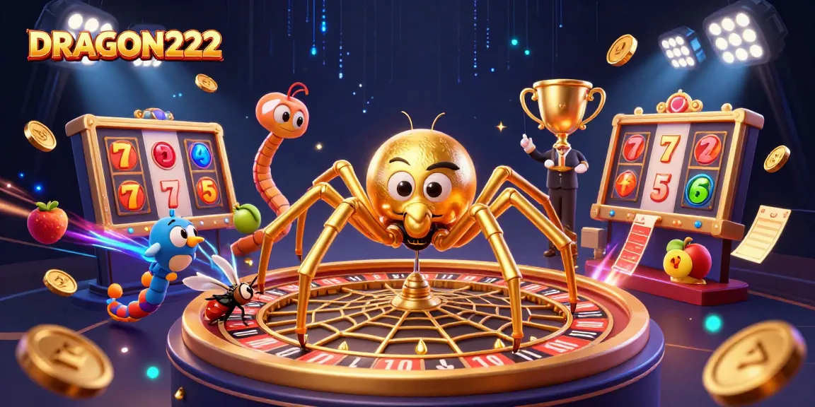 Place bets at DRAGON222's thrilling slots with a golden spider and spinning roulette web.