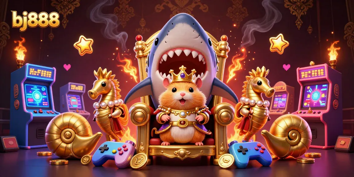 BJ888 unleashes thrilling gameplay with a golden hamster king on a megalodon throne, embodying casino adventure.