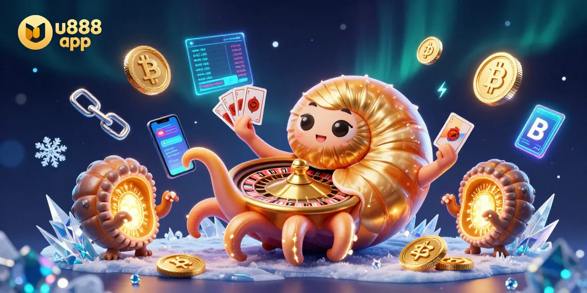 Win big with the u888 app, featuring a vibrant 3D scene of gaming action and crypto excitement.