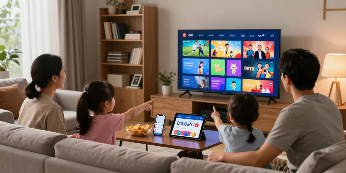 Family enjoying an IPTV subscription experience on smart TV, showcasing vibrant channel selection and user interactivity in a cozy living room.