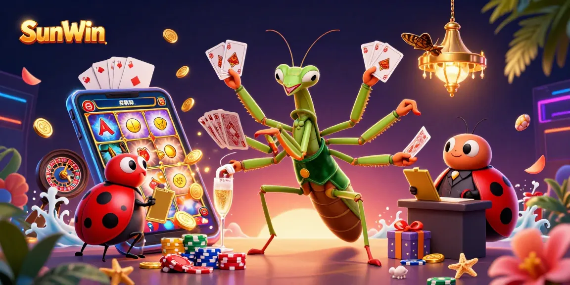 SunWin showcases vibrant online casino action with a giant praying mantis dealer and ladybug pit boss.