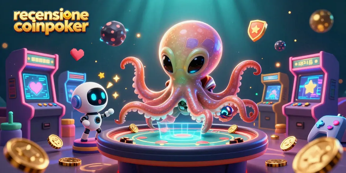 Scopri la recensione coinpoker: un'illustrazione vivace di un polipo alieno che gestisce un tavolo da poker crittografico.
