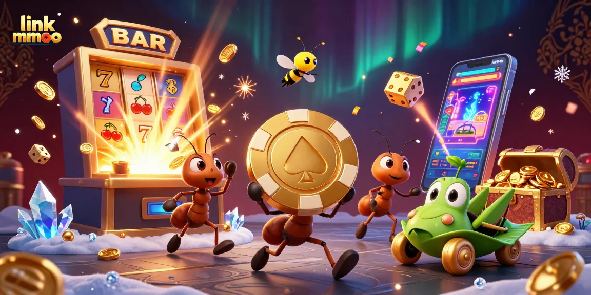 Link mmoo inspired cartoon heist scene with ants, poker chip, and dynamic casino elements.