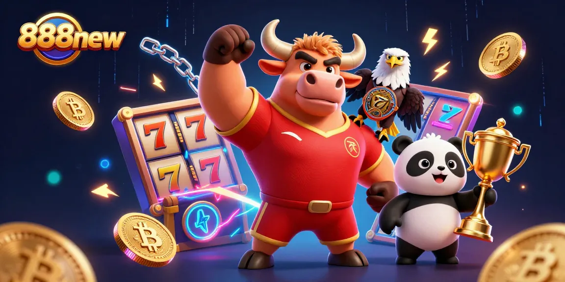 Experience excitement at 888new with a thrilling 3D casino scene featuring lively characters and slot game elements.