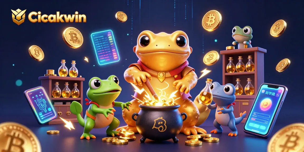 Cicakwin showcases a golden salamander alchemist and frog apprentice excitingly crafting casino treasures.