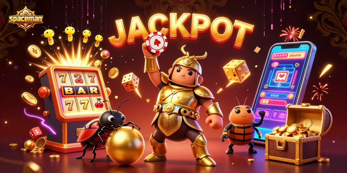 Spaceman jackpot scene with a hercules beetle in gladiator armor and a rolling dung beetle, showcasing casino excitement.