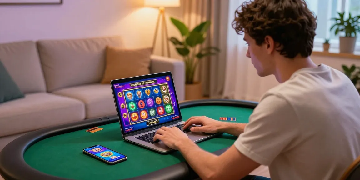 Engaged player enjoying credit card online casinos, surrounded by a lively home setup with game graphics.