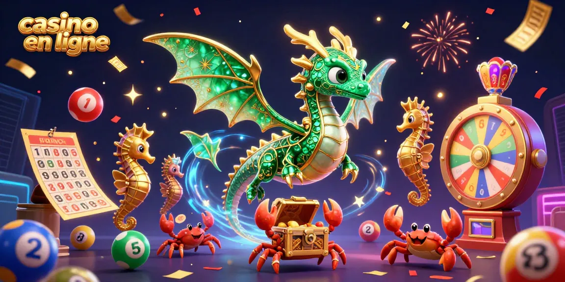 Illustration de casino en ligne montrant un dragon de mer flottant avec des éléments de jeux et des billets dorés.