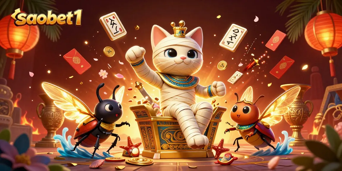 Experience thrilling gameplay at saobet1 with a dynamic scene of a mummy cat and lucky elements in a vibrant casino.