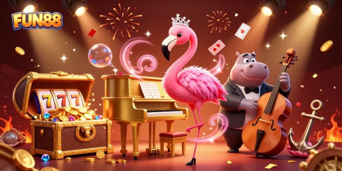 Play exciting games at FUN88, featuring colorful characters, slot reels, and vibrant casino elements.