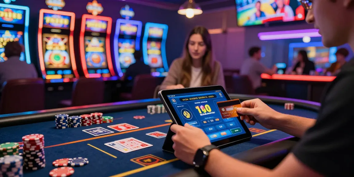 Exciting scene of players at credit card casinos UK using tablets for gaming deposits
