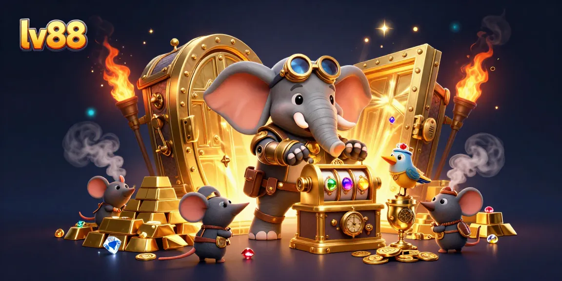 Spin the golden slot machine with lv88, featuring a steampunk elephant and treasures galore.