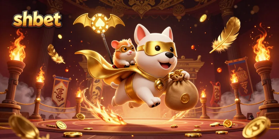shbet casino illustration featuring a superhero dog and a hamster collecting gold coins in a vibrant 3D scene