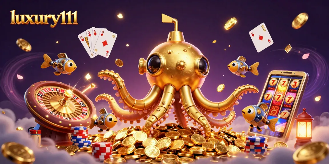 Experience the thrill of luxury111 with a vibrant 3D casino scene showcasing a kraken submarine amidst golden coins.
