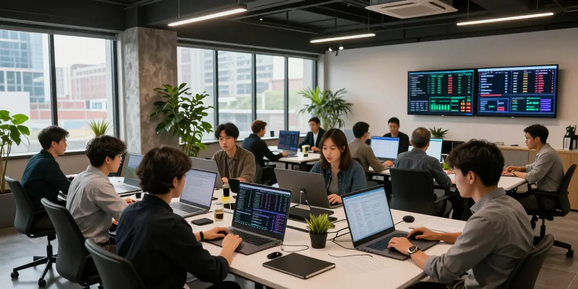 Funexchange platform with professionals analyzing cryptocurrency data on laptops in a dynamic co-working space, showcasing blockchain technology.