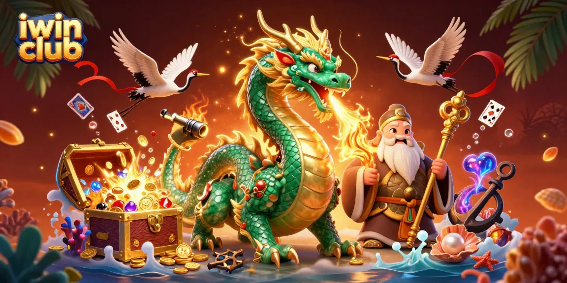 Engage with iwin club through vibrant 3D casino illustration, featuring dragons and lucky symbols.