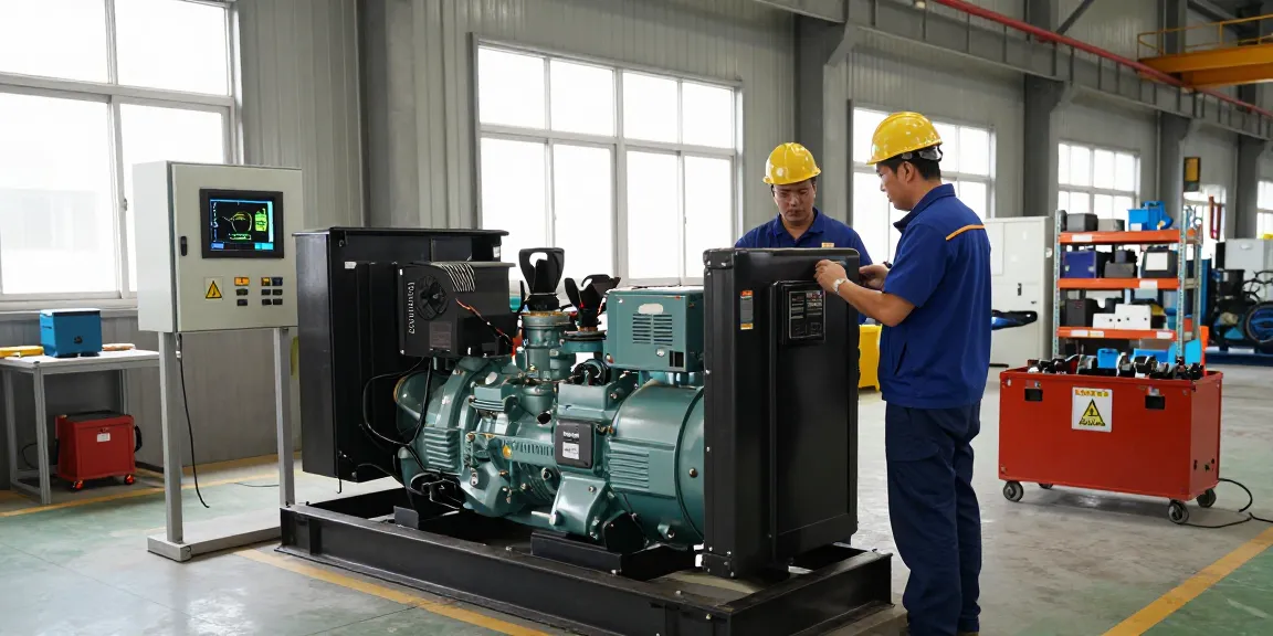 Technician inspecting a diesel genset in an industrial facility.