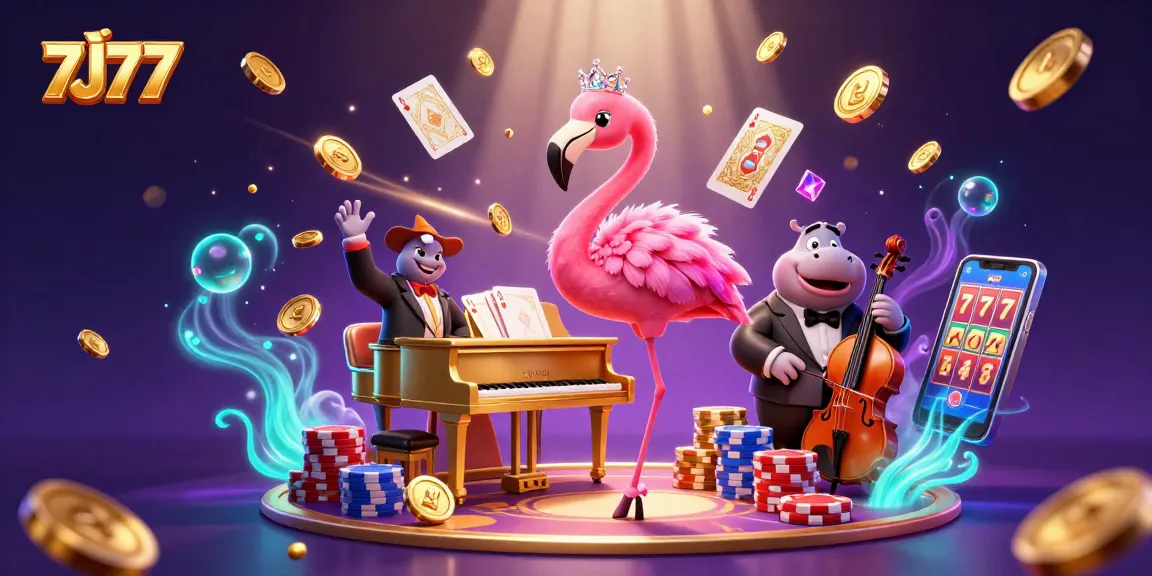 Experience the excitement of 7J77 with a vibrant 3D casino scene featuring flickering coins and slot machine reels.