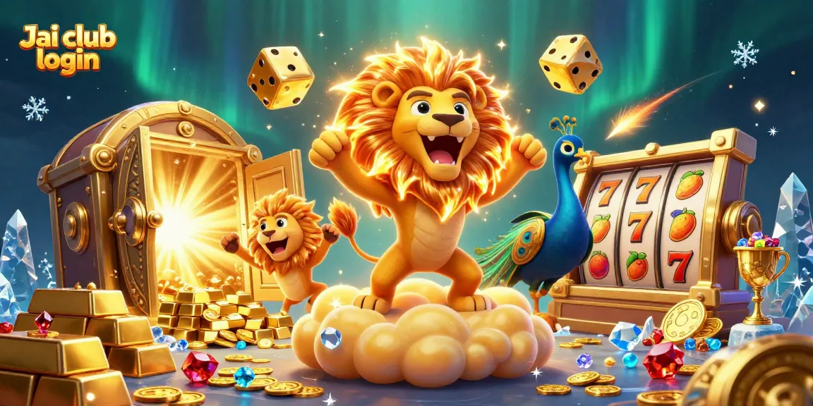 Jai club login to thrilling games with a vibrant 3D illustration featuring a roaring sun lion, golden dice, and slot reels.