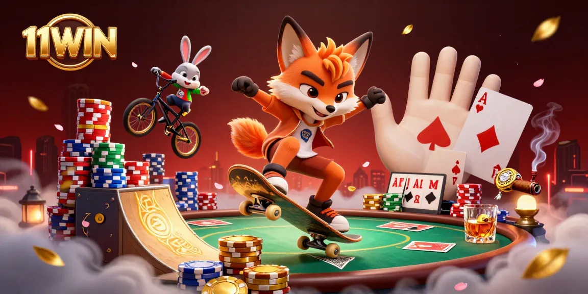 Engage with thrilling games at 11WIN, featuring a vibrant 3D illustration of playful casino elements.