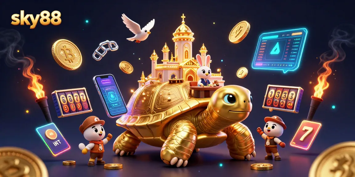 Experience thrilling gaming at sky88 with a golden tortoise casino scene decorated with neon crypto coins.