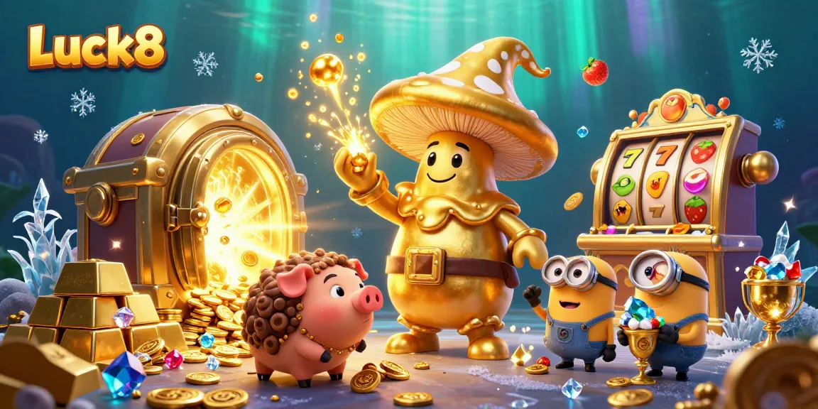 Engage in thrilling Luck8 casino gameplay with golden wizard and treasures in a magical 3D illustration.