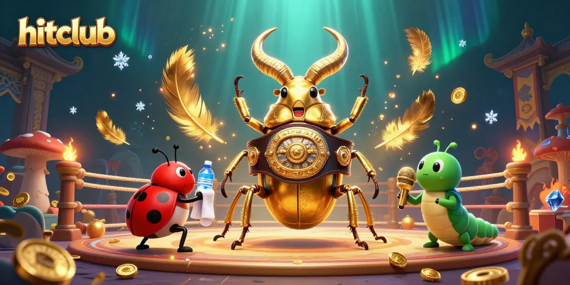 Experience the excitement at hitclub with vibrant casino elements, featuring a golden stag beetle champion and dynamic effects.