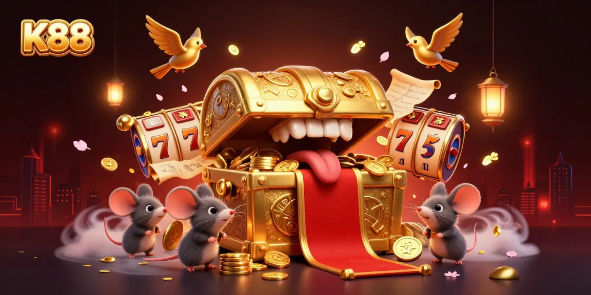 K88 entices players with a vibrant 3D casino scene, highlighted by a golden treasure chest and dynamic slot elements.