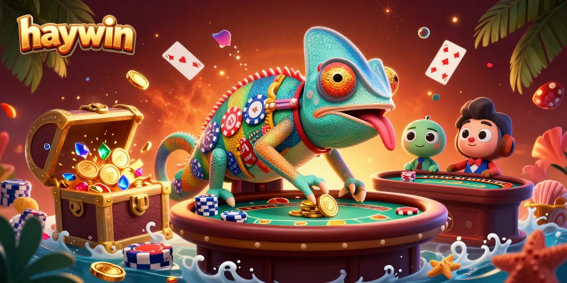 Win at Haywin with a vibrant 3D chameleon casino owner surrounded by gold coins and lively gaming elements.