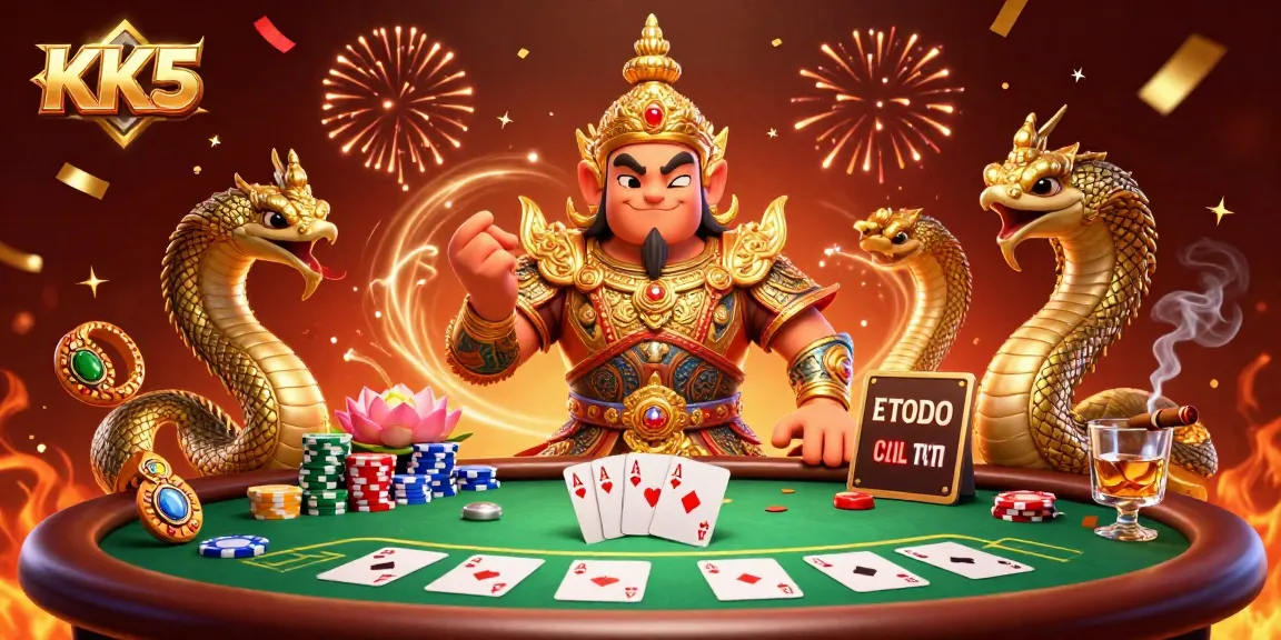 Engage with thrilling KK5 casino action featuring a vibrant scene of a friendly yaksha guardian, poker chips, and colorful cards.