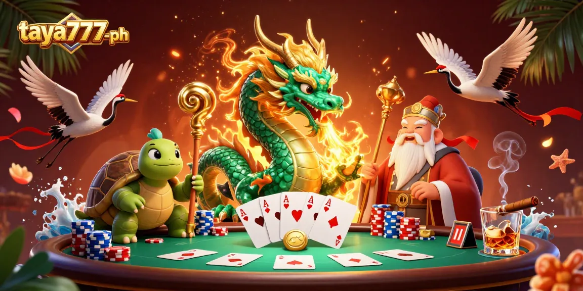 Engage with the exciting world of taya777-ph as the emerald dragon breathes fire and poker action unfolds in a vibrant casino scene.