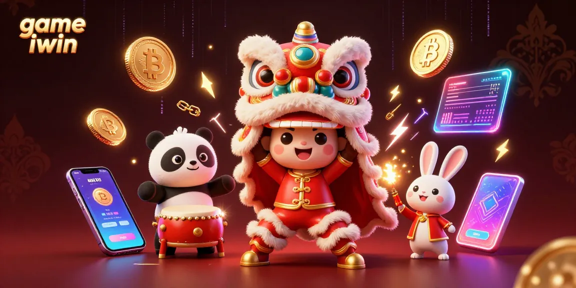 Engage in game iwin with a vibrant 3D illustration showing characters playing amidst crypto elements.