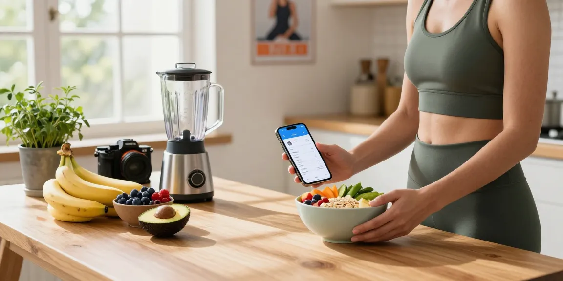 Health-conscious individual using the best calorie tracker to log a nutritious breakfast bowl in a bright kitchen.