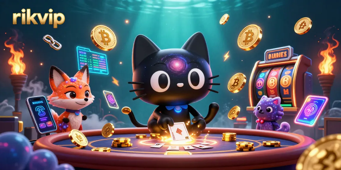 Win big at rikvip with the cartoon black hole cat at a cosmic casino featuring slot elements.