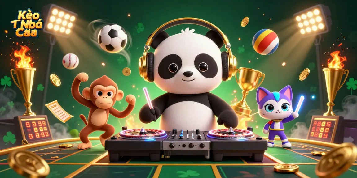 Spin to win with Kèo Nhà Cái as the DJ panda orchestrates a vibrant casino dance scene filled with sports balls and trophies.