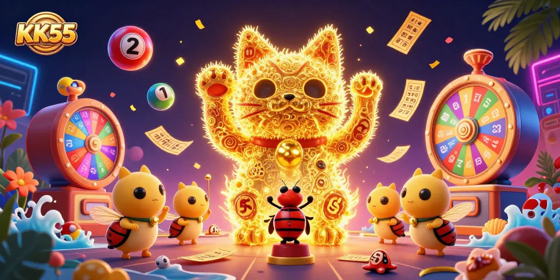 KK55's digital casino experience with a lucky cat and vibrant game elements for thrilling gameplay.