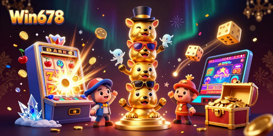Win678 showcases a lively casino scene with a dynamic totem pole and slot machine, bursting with excitement.